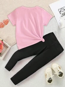 SHEIN Baby Girls' Casual Fashion Creative Cartoon Cute Blue Rabbit Heart Letter Graphic Print Short Sleeve T-Shirt And Leggings Set Lilo And Stitch Girls Clothes Stitch Clothes For Girls 2t Girl Tshirt - Multicolor - View 2