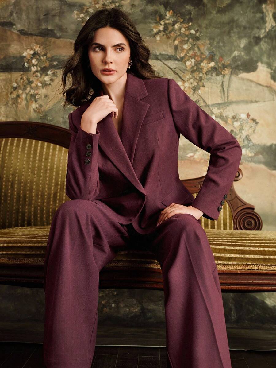 Anewsta 秋季新款复古梅紫色长袖翻领西装外套+高腰直筒裤女套装秋季夏季优雅别致新年休闲圣诞 - 紫色 - 查看 1