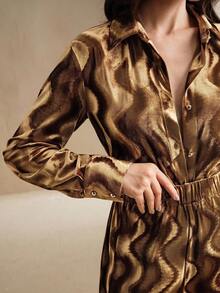 Anewsta 女式两件套，秋冬新品，万圣节和圣诞节，复古都市时尚闪亮波浪褶皱纹理面料宽松舒适时尚上衣和休闲裤 - 卡其色 - 查看 8