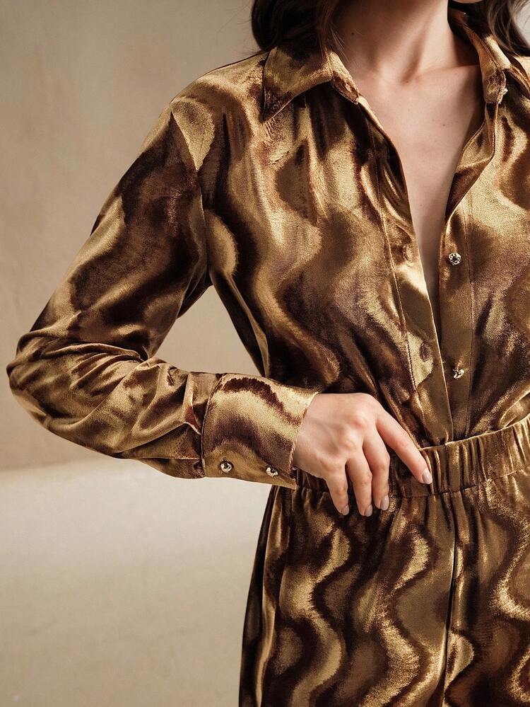 Women's 2-Piece Set, Autumn/Winter New Season, Halloween & Christmas, Vintage Urban Chic Shiny Wavy Pleated Textured Fabric Loose Comfortable Fashionable Top And Casual Pants