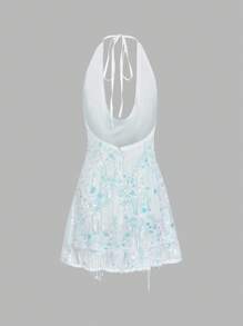 Glamine Vestido mini de verano para vacaciones de mujer, nuevo vestido verde de mujer con cuello halter, vestido sexy con decoración de flecos