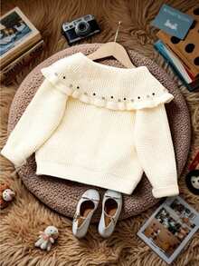 Cardigan a contrasto bianco e nero carino per ragazze, cardigan lavorato a maglia con collo rotondo, maniche lunghe, grandi risvolti, texture a volant e decorazione con fiocco, cardigan in maglia caldo e confortevole - Bianco - Visualizzare 2