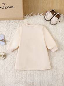 SHEIN 婴儿/女宝宝时尚荷叶边领长袖连衣裙，可爱百搭 - 杏色 - 查看 2