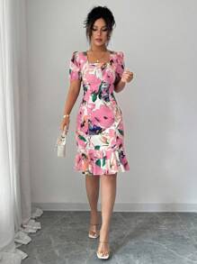 Elenzga Robe élégante et romantique à col carré et volants avec imprimé floral, pour femmes