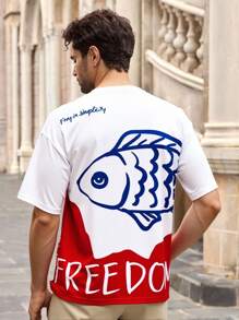 Manfinity VCAY 休闲男士宽松涂鸦鱼印花落肩短袖T恤，图案T恤，街头风夏季超大款T恤，返校季