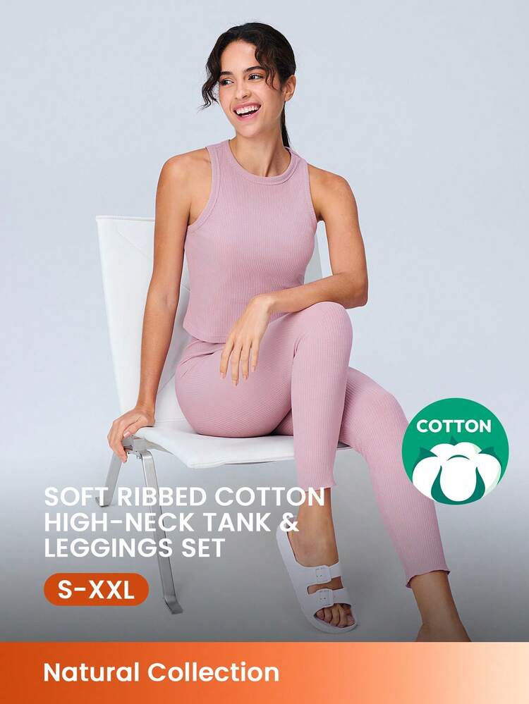 Women Pink Soft Ribbed Cotton Sets Basic Tank Top & Pants Loungewear Pajama Set