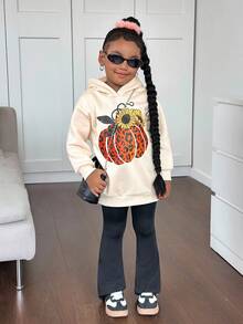 年轻女孩可爱百搭休闲万圣节卡通图案长袖运动衫 - 卡其色 - 查看 3
