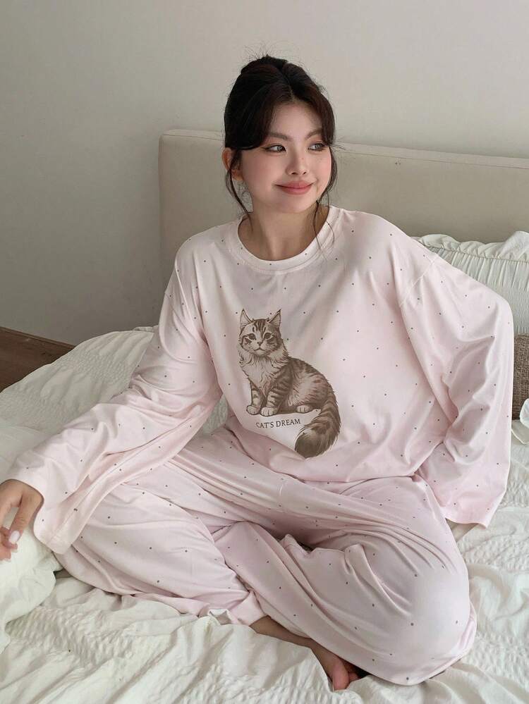 Dazy Plus Plus Size Women Polka Dot Cat Print Loose Fit Round Neck Top And Pants Pajama Set, Pink, Fall Winter Clothes, Cozy Outfits