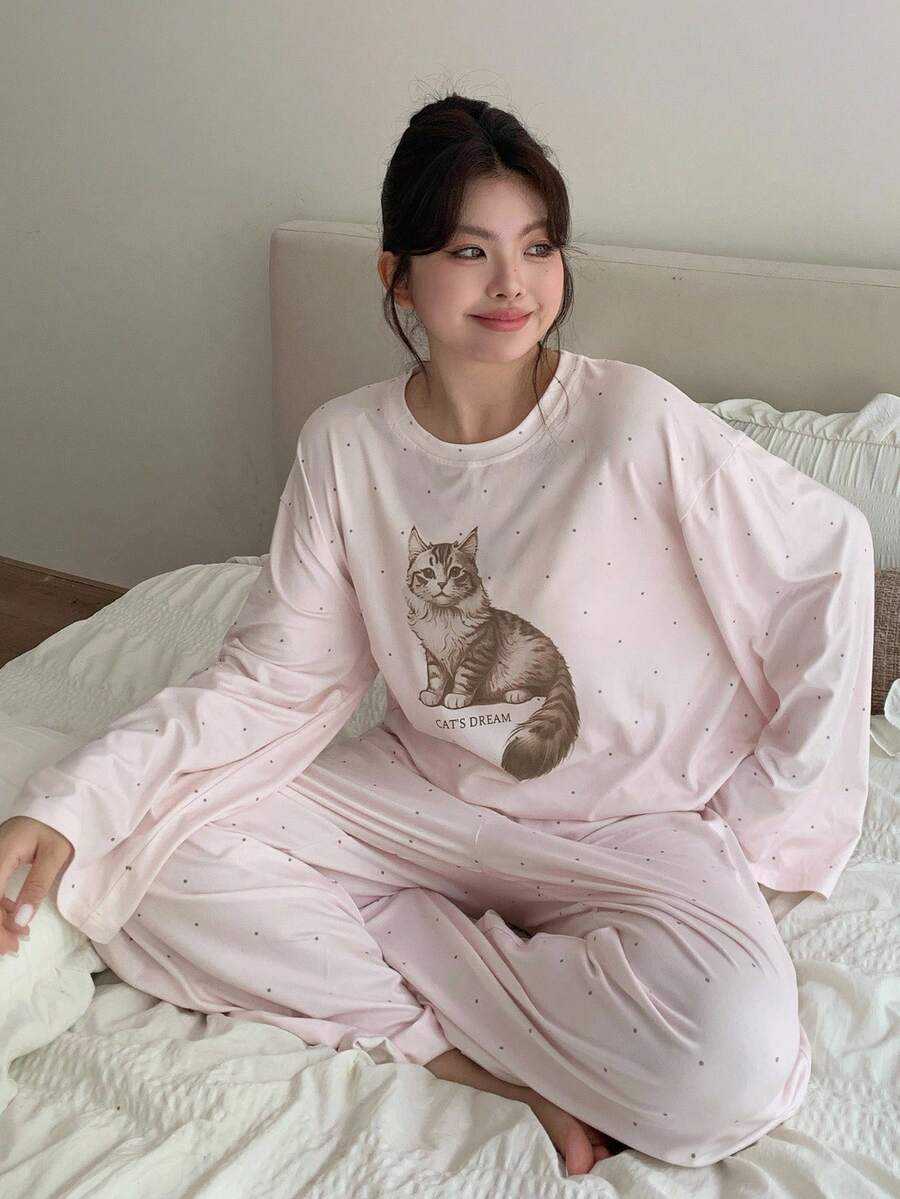 Dazy Plus Plus Size Women Polka Dot Cat Print Loose Fit Round Neck Top And Pants Pajama Set, Pink, Fall Clothes, Cozy Outfits