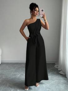 Elenzga Elegant Commuter Solid Color Jumpsuit - Black - View 5