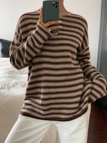 Livesso Women's Casual Drop Shoulder Long Sleeve Striped Sweater, Autumn,Fall Women Clothes - Brown - View 3