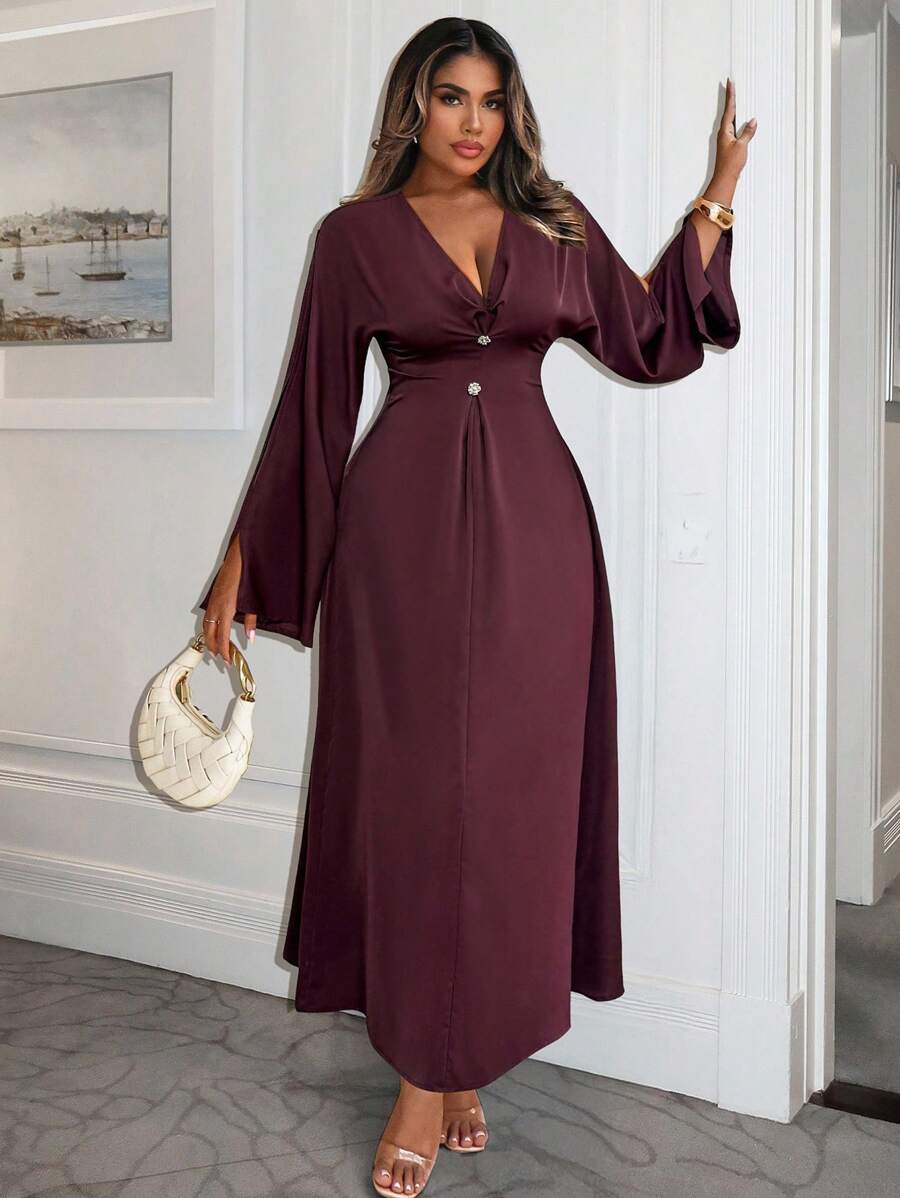 Xyvia Đầm suông tay loe thắt eo màu trơn thanh lịch dành cho nữ - Màu Đỏ Sâu - Xem 1