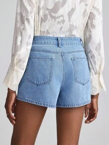 Slaydiva 女士夏季镂空刺绣牛仔短裤 - 中等水洗藍 - 查看 2