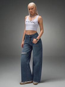 CasuGlow LOW WAIST VINTAGE CUTOUT CASUAL LOOSE JEAN - Blue - View 3