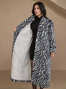 DAZY Zebra Print Thermal Lined Thick Warm Long Faux Fur Coat For Women - Black and White - View 11