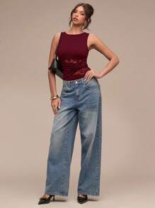 SHEIN BAE Women's Solid Color Lace Patchwork Sheer Round Neck Sleeveless Bodysuit - Burgundy - View 3