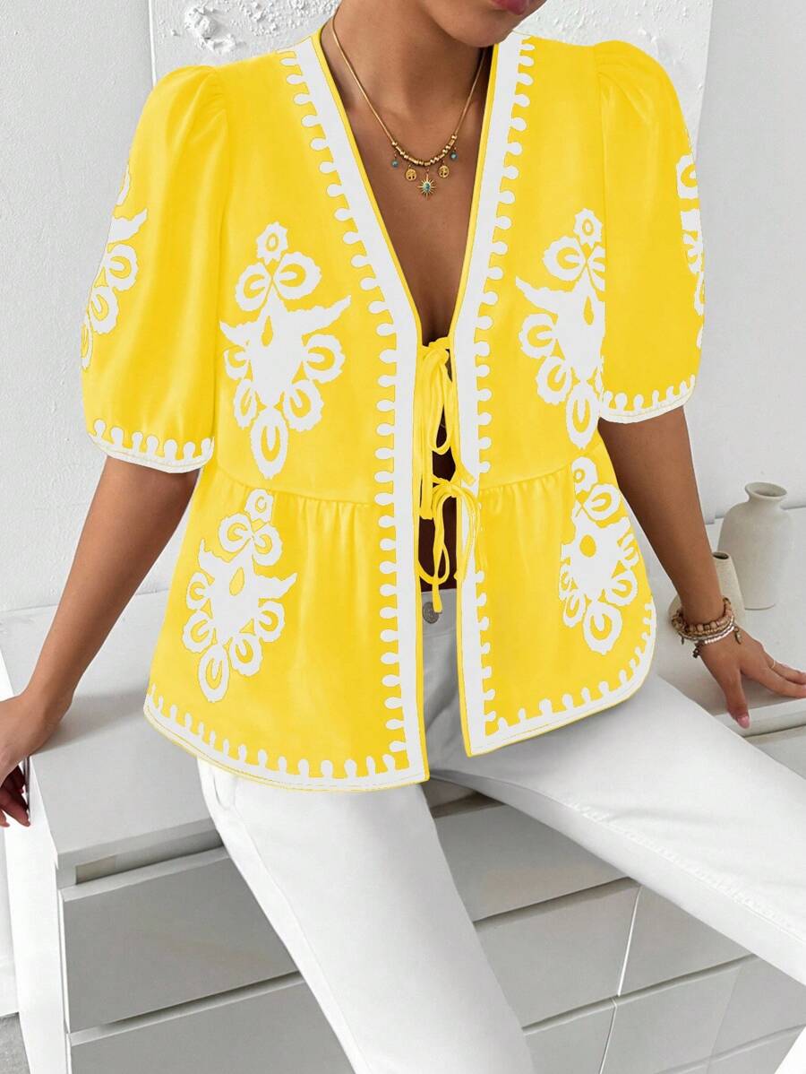 Breezaya Blouse femme à manches bouffantes avec nœud devant et imprimé floral - Multicolore - Voir 1
