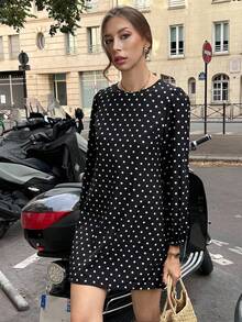 Pariaura Fashionable Polka Dot Casual Loose Round Neck Tie Back Long Sleeve Women Dress Fall Cloth For Women