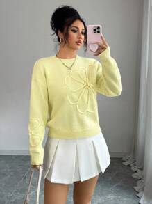 Elenzga Suéter de punto de cuello redondo elegante para mujer con diseño floral bordado y unicolor, para otoño e invierno