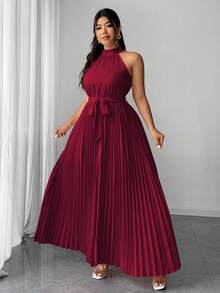 Elenzga 大码女士优雅浪漫假日连衣裙，吊带设计，系带腰身，褶皱设计，酒红色，适合新年派对、婚礼等场合。 - 酒紅色 - 查看 2