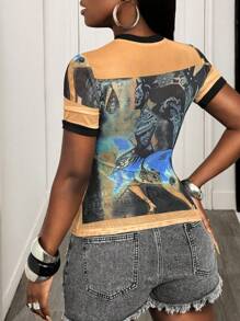 BamGleam Sommer sexy transparentes Mesh T-Shirt mit O-Ausschnitt, kurzen bedruckten Ärmeln, Party- und Festival-Oberteil im Y2K-Stil für Frauen