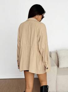 SHEIN EZwear Women's Solid Color Drop Shoulder Long Sleeve Single-Breasted Casual Regular Jacket, Fall Women Clothes - Khaki - View 2