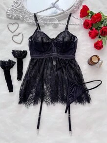 SHEIN 睫毛蕾丝蝴蝶结前吊袜带钢圈娃娃装性感内衣连衣裙和丁字裤和长筒袜 - 黑色 - 查看 6