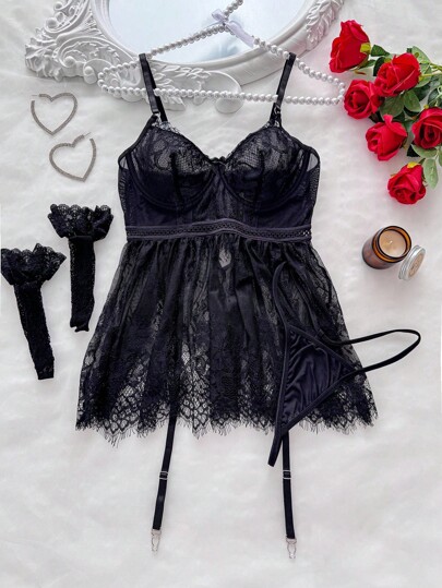 Seduluxe Eyelash Kanten Bow Front Garter Underwire Babydoll Verleidelijke Lingerie Dress String Stockings Tie view 6