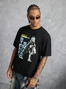 GODZILLAxKONG X SHEIN Men's Letter & Monster Graphic Round Neck Short Sleeve T-Shirt - Black - View 4