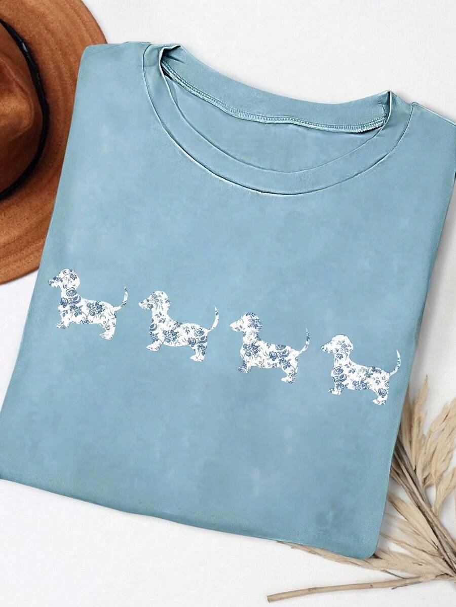INAWLY Plus Size Women Comfortable Colorful Dachshund Print T-Shirt, Blue Dachshund Graphic Tee Suitable For Casual, Outdoor, Holiday Wear, All Seasons - Dusty Blue - View 1