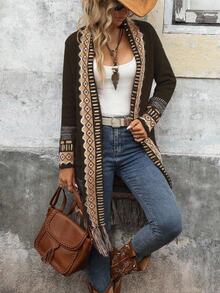 SHEIN LUNE Áo khoác cardigan tua rua họa tiết hình học thường ngày cho nữ - Cà phê nâu - Xem 5