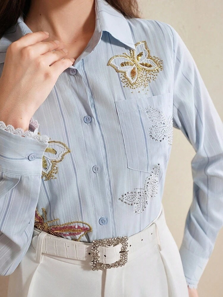 Luxury Casual Versatile Striped Pearl Embroidery Rhinestone Decorated Blouse For Women