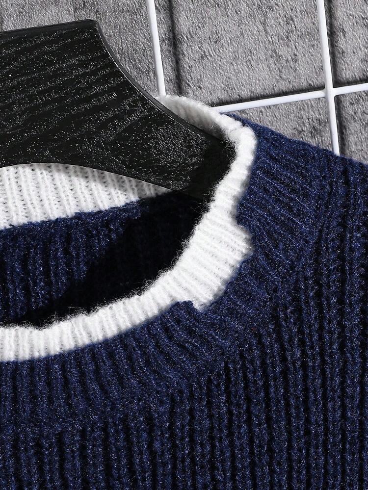 SHEIN Little Byeori Kids/Tween Boys' Casual Street Style Solid Color Crew Neck Pullover Long Sleeve Knit Sweater, Christmas Green, Thick & Warm For Autumn/Winter Boys Kids Boys Teen Boys First Day Of School Tween Boys Mommy And Me For Kids Winter Autumn - Royal Blue - View 6