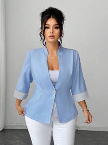 Elenzga 加大码 V 领前开襟优雅通勤拼色条纹袖口 3/4 袖二合一百搭工作西装外套毕业、返校、教师装女士 - 藍色 - 查看 5