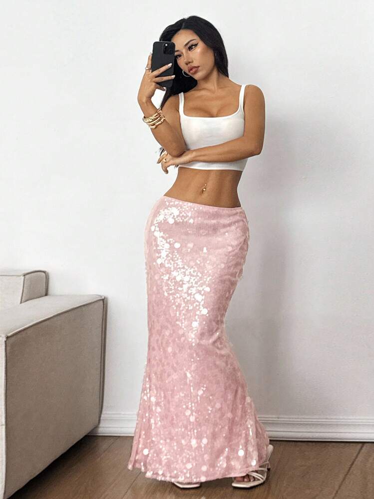 SHEIN EZwear Women's Solid Color Sequin Mermaid Hem Elegant Skirt - Pink - View 6