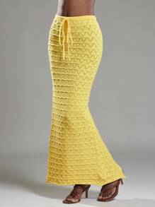 NYA SZN 抽绳束带度假春夏外出性感弹力针织超长黄色毛衣裙 - 黃色 - 查看 6