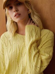 Écloséra 法式复古休闲宽松圆领长袖针织菱形镂空后背系带设计黄色女套头衫，春夏 - 黃色 - 查看 1