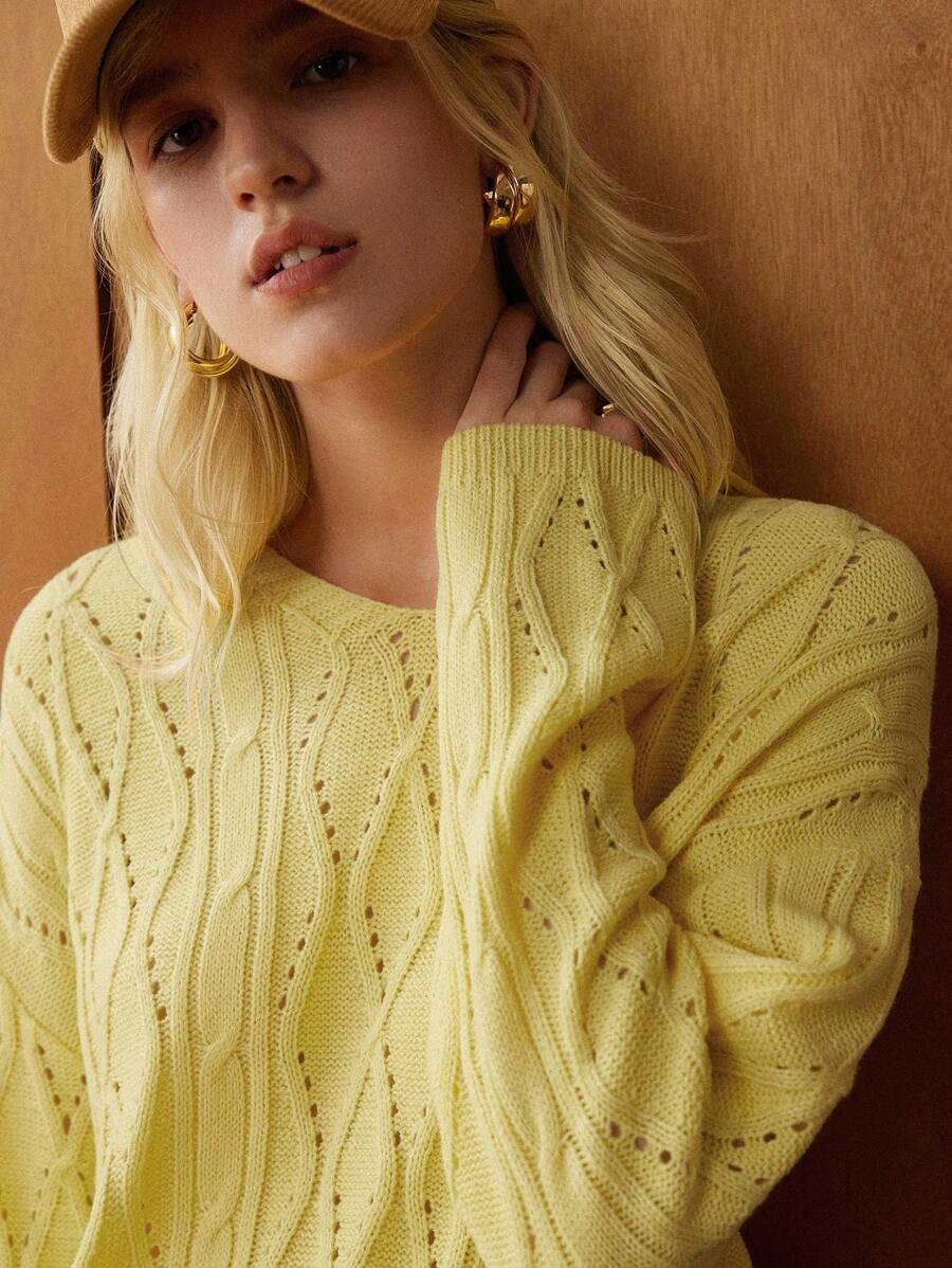 Écloséra 法式复古休闲宽松圆领长袖针织菱形镂空后背系带设计黄色女套头衫，春夏 - 黃色 - 查看 1