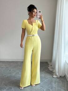 Selianne Mono de unicolor con textura y cuello en V para mujer, elegante para ir al trabajo y uso diario - Amarillo - Ver 4