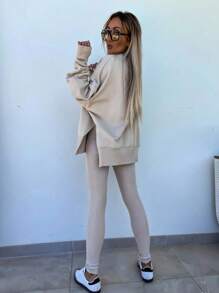 INAWLY Ladies' Solid Color Simple Daily Long Sleeve Top And Long Pants Two-Piece Fall Cloth For Women - Apricot - View 2