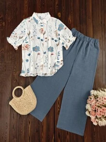 EMERY ROSE Women's Casual Ditsy Floral Collared Shirt Top And Solid Color Pants Set - Multicolor - View 1