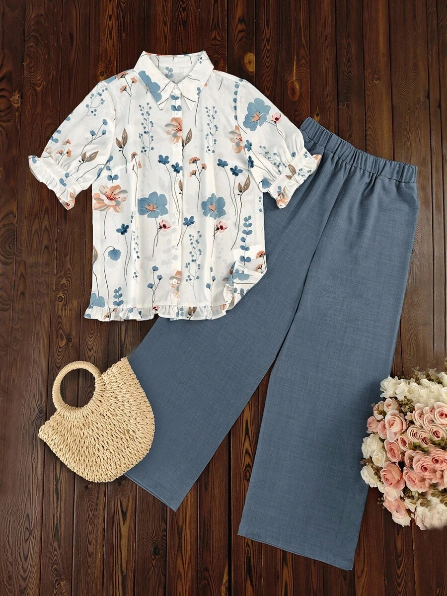 EMERY ROSE Women's Casual Ditsy Floral Collared Shirt Top And Solid Color Pants Set - Multicolor - View 1