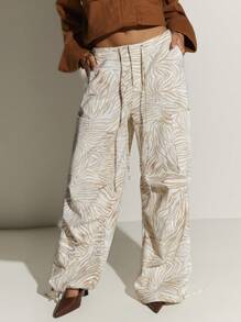 Athîral Women's Zebra Print Drawstring Waist Pockets Wide Leg Loose Pants,Balloon Pants, ,Summer,Autumn,Umbrella Pants,Leisure Sports - Khaki - View 2