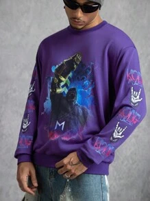 GODZILLAxKONG X SHEIN Áo nỉ cổ tròn in họa tiết Gorilla thường ngày dành cho nam - Màu tím - Xem 1