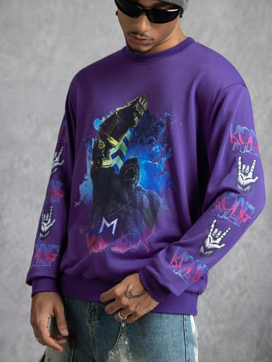 GODZILLAxKONG X SHEIN Áo nỉ cổ tròn in họa tiết Gorilla thường ngày dành cho nam - Màu tím - Xem 1