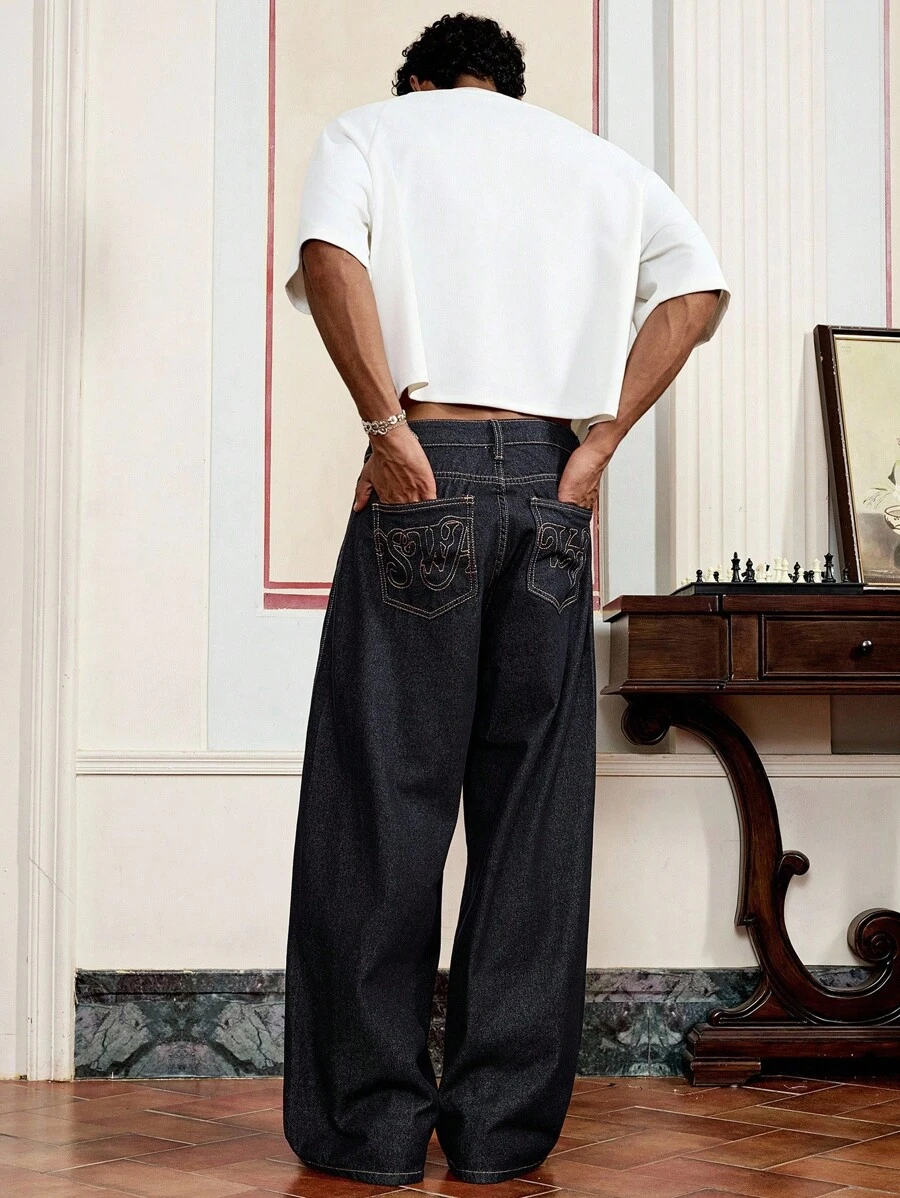SWAVVY Vintage American Niche Design Washed Denim Wide Leg Jeans, Slimming & Versatile - Blue - View 1