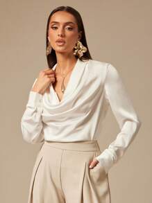 Silquee 女士优雅通勤纯色高领时尚衬衫 - 白色 - 查看 7