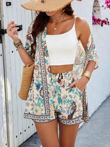 Selianne 2pcs Women Boho Style Retro Print Long Cardigans And Shorts Set