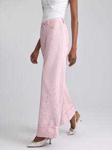 Slaydiva Jeans larges décontractés et amples pour femmes avec broderie florale