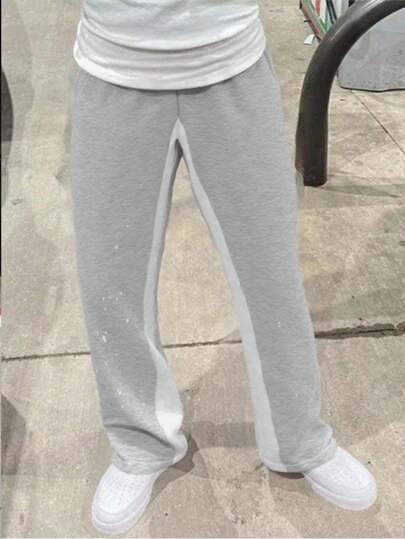 SHEIN 1pc Boys' Casual Comfortable Black Knit Patchwork Wide Leg Pants, Street Style, Autumn/Winter Fall